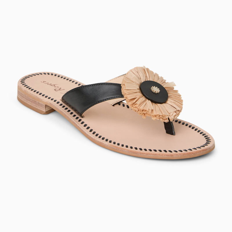 Cay Leather & Raffia Thong Flat Sandal