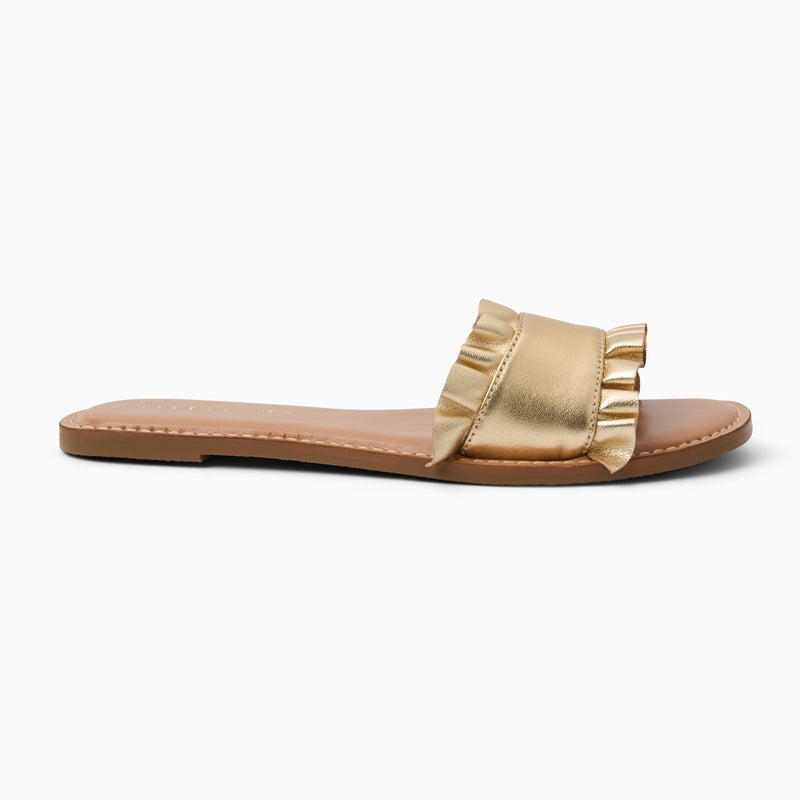 Rozette Ruffle Metallic Leather Slide Sandal