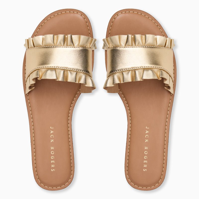 Rozette Ruffle Metallic Leather Slide Sandal