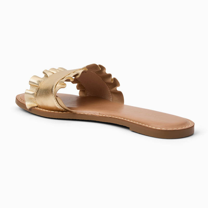 Rozette Ruffle Metallic Leather Slide Sandal
