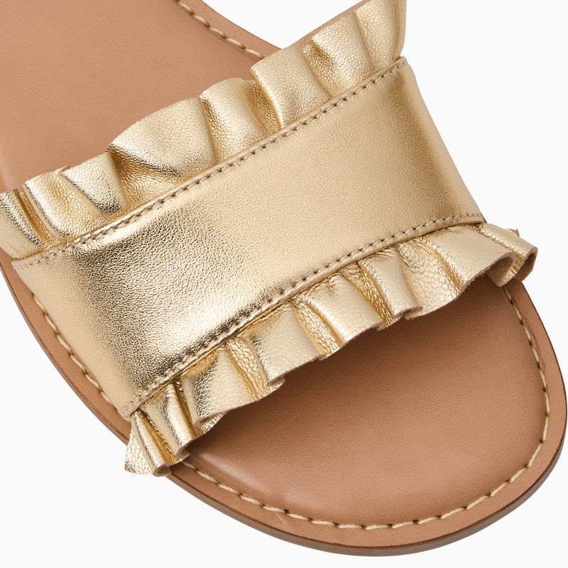 Rozette Ruffle Metallic Leather Slide Sandal