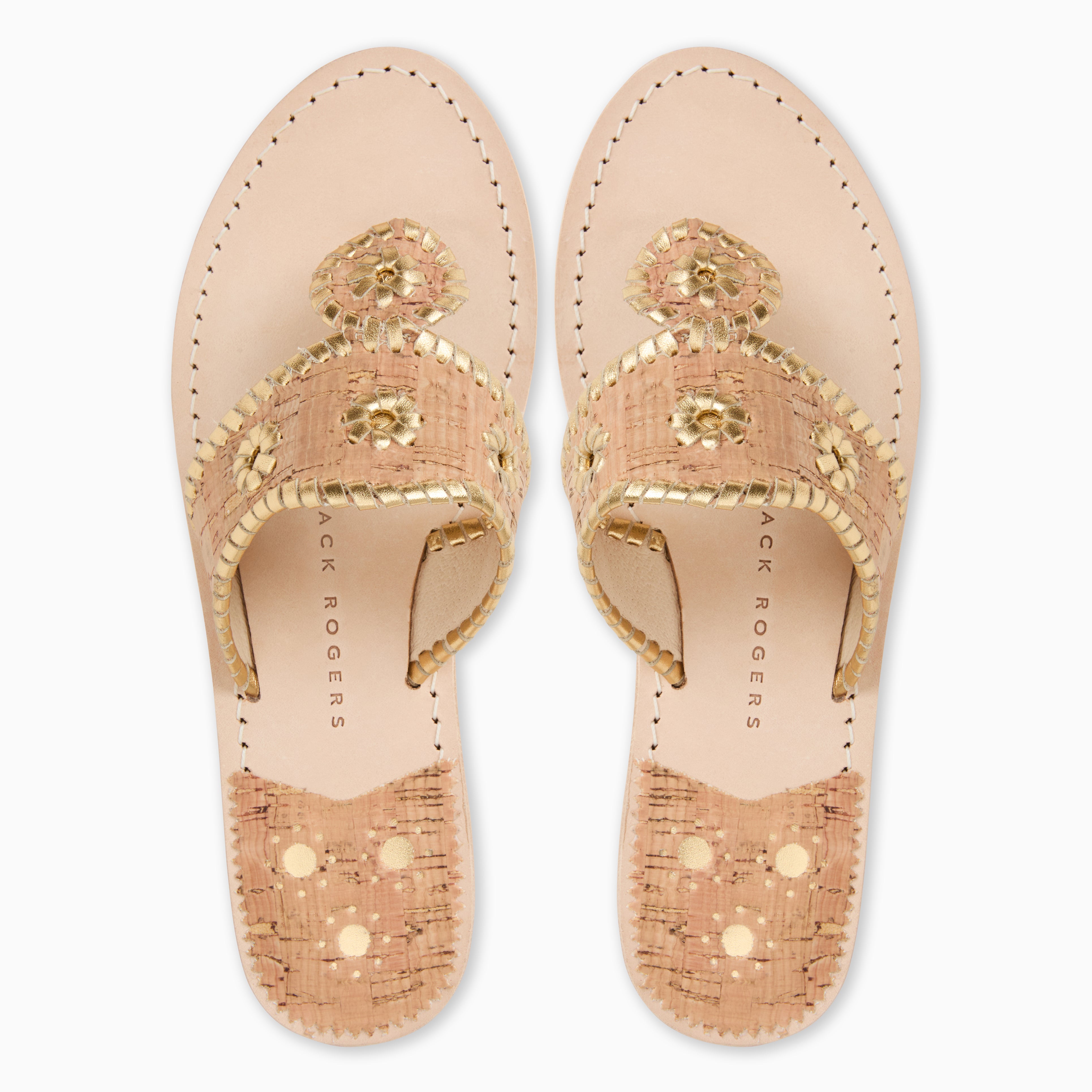 Jack Rogers Jacks Flat Sandal in Cork & Gold – Leather Thong