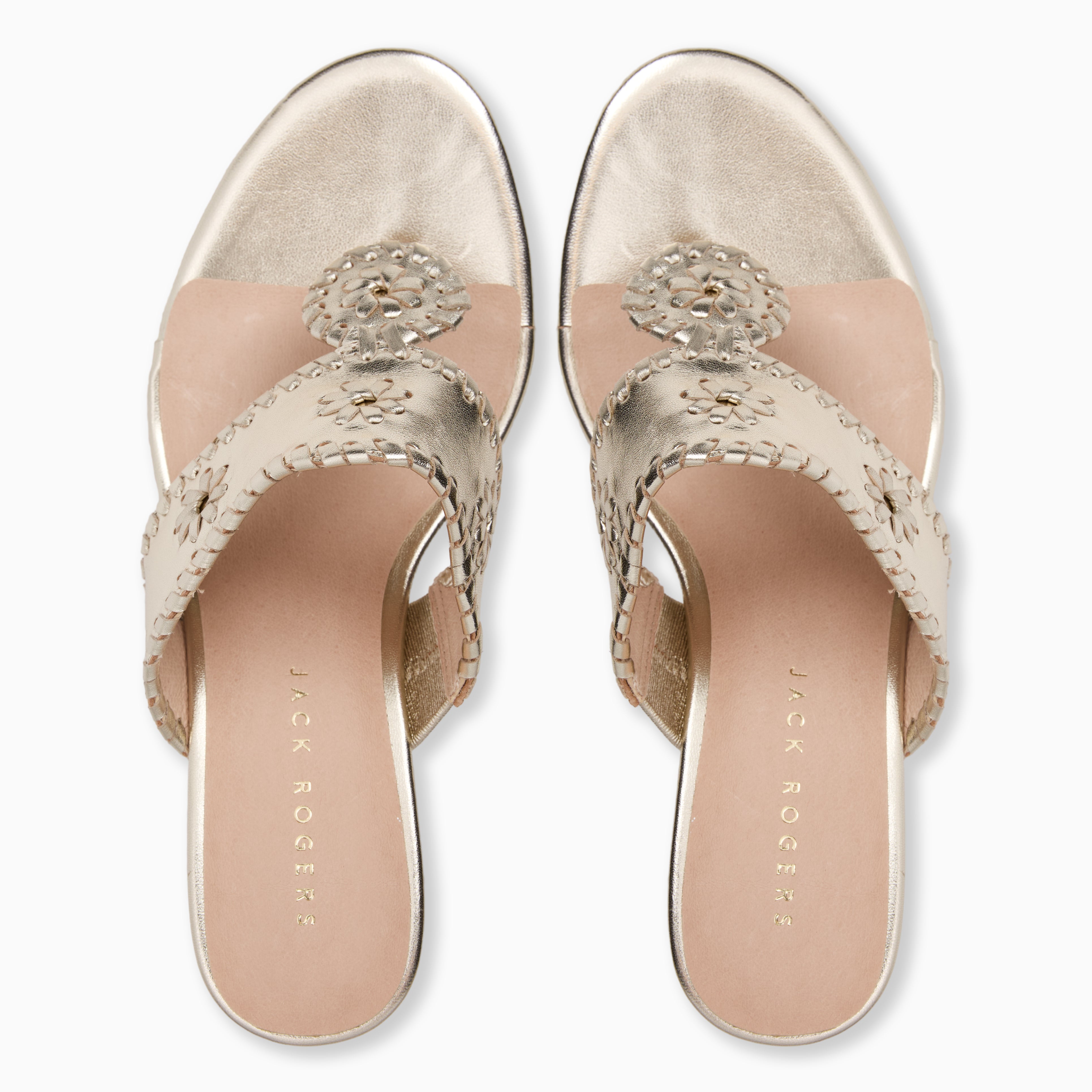 Jack Rogers Jacks High Wedge Heels — Platinum Metallic Leather