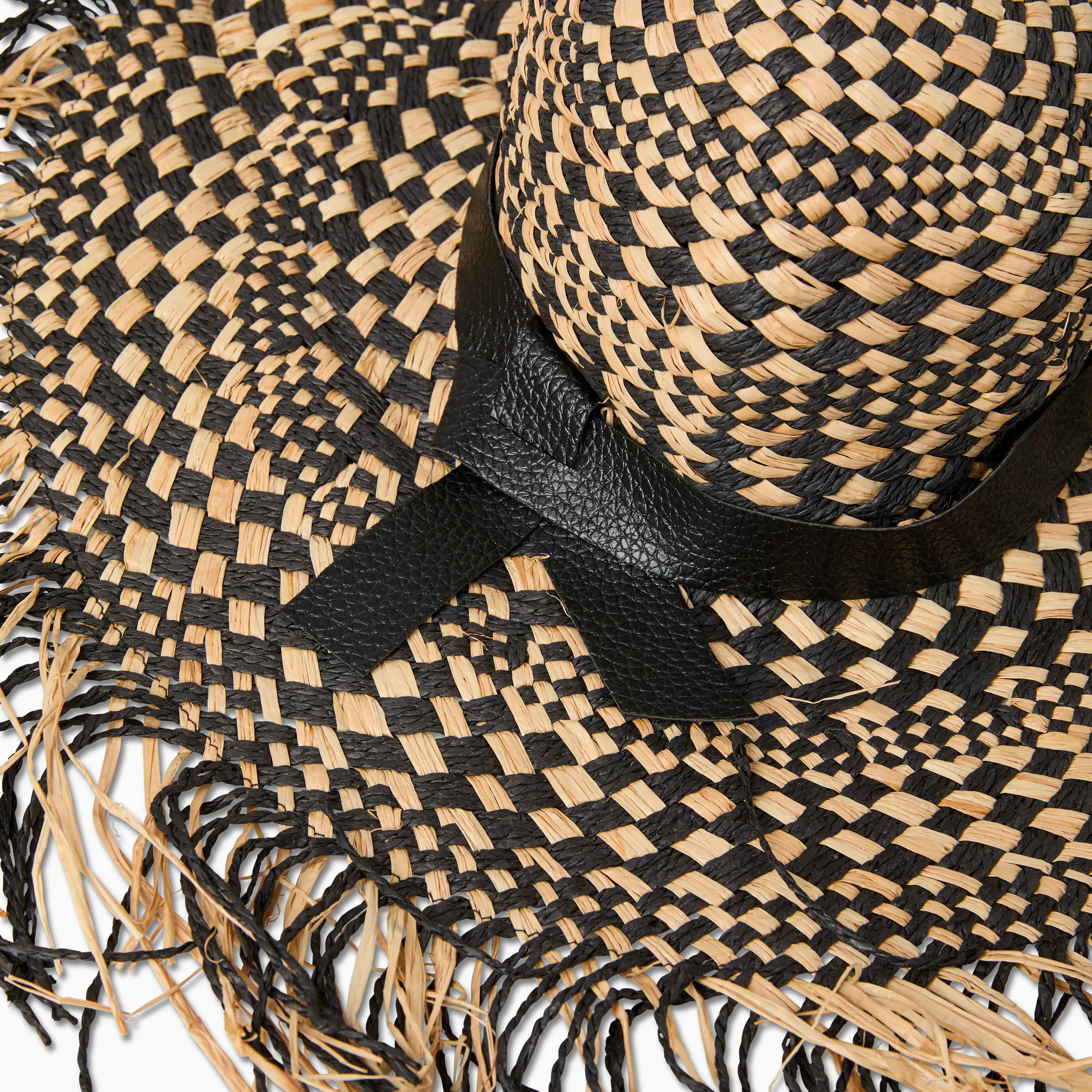 Agneta Wide Brim Fringe Hat in Raffia Black/Natural | Boho Agneta Wide Brim Fringe Hat in Raffia Black/Natural | Boho