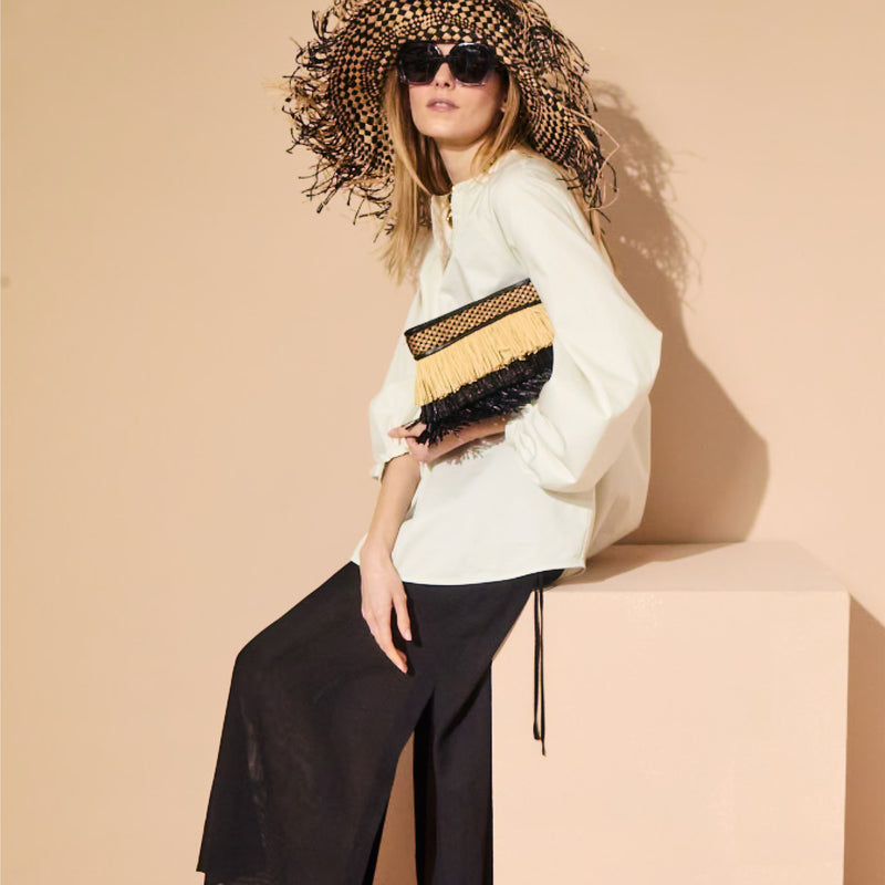 Elba Italian Leather & Raffia Top Zip Purse