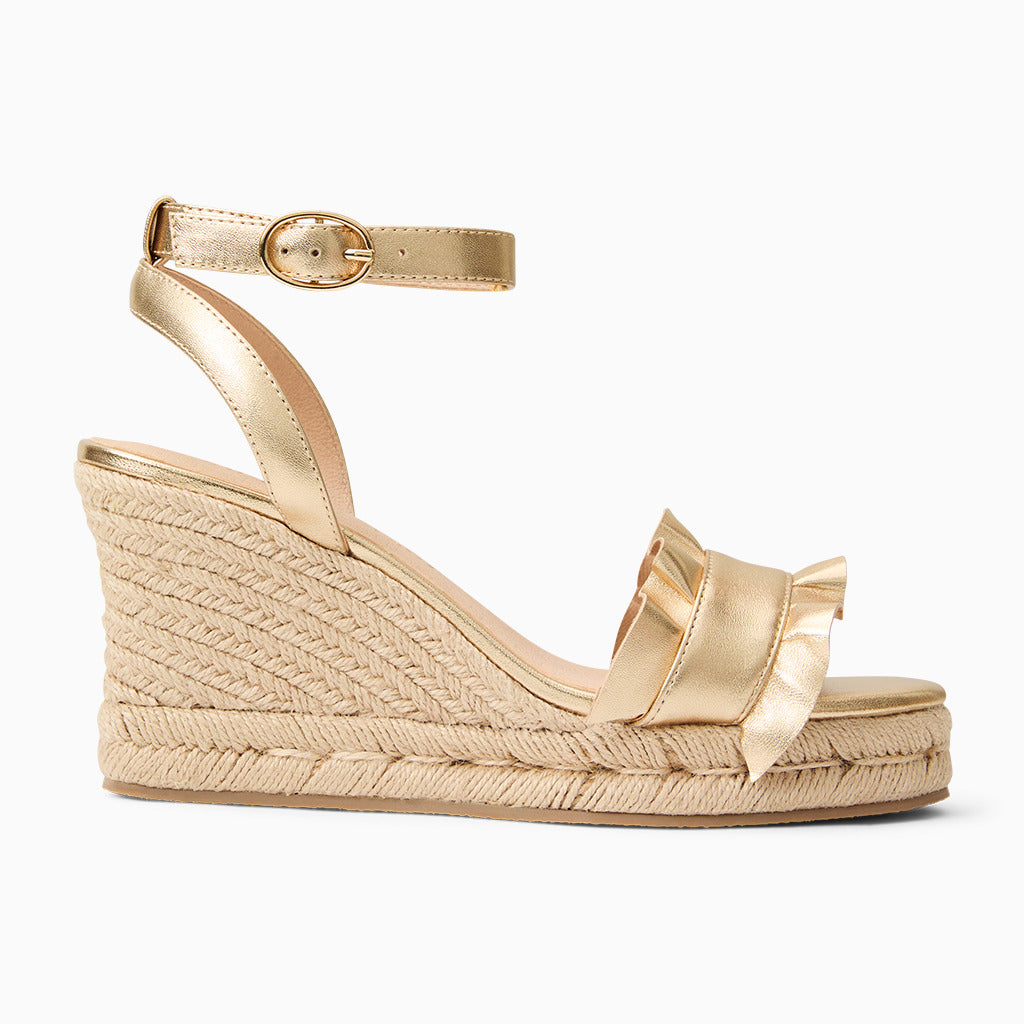 Jack Rogers Rozette Ruffle Wedge | Suede | Gold – Jack Rogers USA
