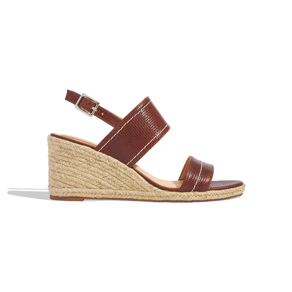 Leather Monogram Wedge Sandals, BROWN